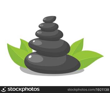 Stack black hot stones with leaves, spa salon accessory. Stack basalt stones for hot stone massage in spa salon. Vector illustration in flat style. Stack of three black hot stones,