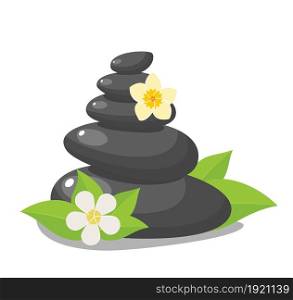 Stack black hot stones with leaves, spa salon accessory. Stack basalt stones for hot stone massage in spa salon. Vector illustration in flat style. Stack of three black hot stones,