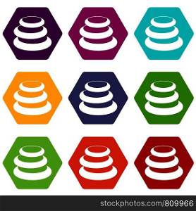 Stack of basalt balancing stones icon set many color hexahedron isolated on white vector illustration. Stack of basalt balancing stones icon set color hexahedron