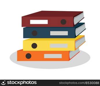 Stack of Binders with Papers Vector Illustration. Pile of colorful binders. Large number of business documents with bookmarks. Paper work, office routine, bureaucracy concept. Flat design. Illustration for data, e-mail, management, services.