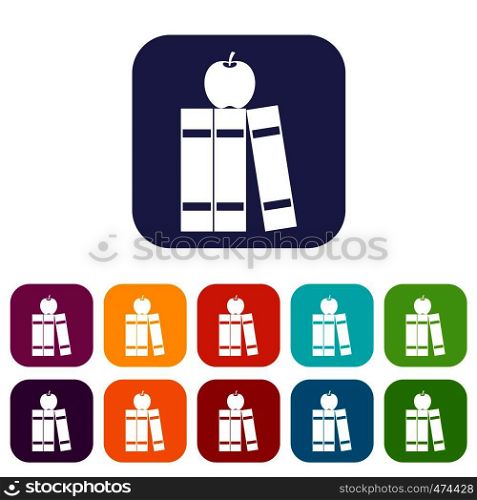 Stack of books and apple icons set vector illustration in flat style In colors red, blue, green and other. Stack of books and apple icons set