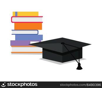 Stack of Books and Square Academic Cap. Vector. Stack of books and square academic cap. Professional growth. Necessary to get knowledge constantly. Lifelong constant learning. Business education. Getting knowledge without rest. Vector illustration
