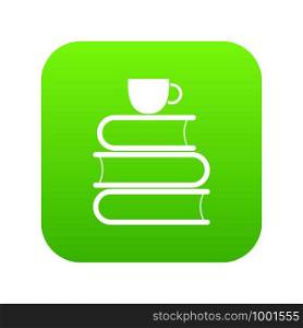 Stack of books and white cup icon digital green for any design isolated on white vector illustration. Stack of books and white cup icon digital green