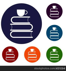 Stack of books and white cup icons set in flat circle reb, blue and green color for web. Stack of books and white cup icons set
