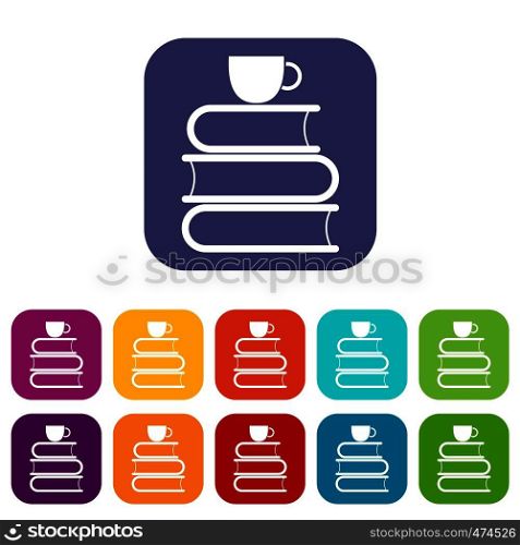Stack of books and white cup icons set vector illustration in flat style In colors red, blue, green and other. Stack of books and white cup icons set