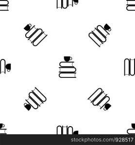 Stack of books and white cup pattern repeat seamless in black color for any design. Vector geometric illustration. Stack of books and white cup pattern seamless black