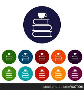 Stack of books and white cup set icons in different colors isolated on white background. Stack of books and white cup set icons