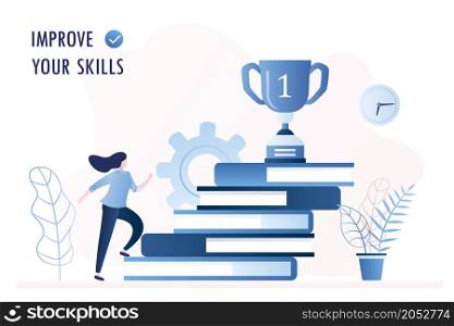 Stack of books and winner cup on top,businesswoman or student climbs the stairs,improve new skills and education concept,trendy style vector illustration