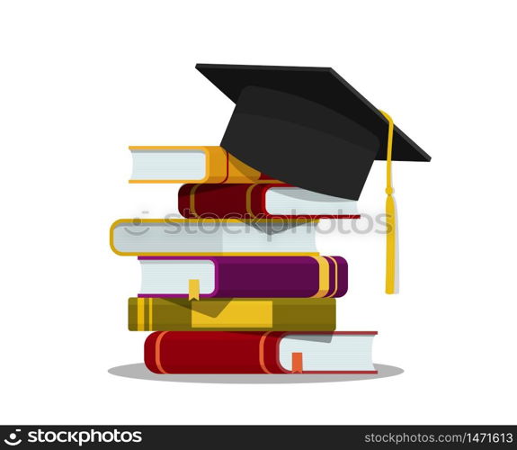 Stack of books, graduation cap. Education concept. Graduation hat on pile of book on isolated background. Success learning of school. Flat literature of library, dictionary, novel. vector illustration. Stack of books, graduation cap. Education concept. Graduation hat on pile of book on isolated background. Success learning of school. Flat literature of library, dictionary, novel. vector