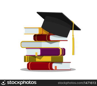 Stack of books, graduation cap. Education concept. Graduation hat on pile of book on isolated background. Success learning of school. Flat literature of library, dictionary, novel. vector illustration. Stack of books, graduation cap. Education concept. Graduation hat on pile of book on isolated background. Success learning of school. Flat literature of library, dictionary, novel. vector