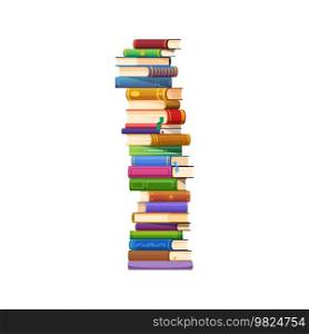 Stack of books of various colors, sizes and titles arranged neatly one on top of the other. Vector educational textbooks, academic encyclopedia or library novels or poems placed together in high tower. Stack of books of various colors, sizes and titles