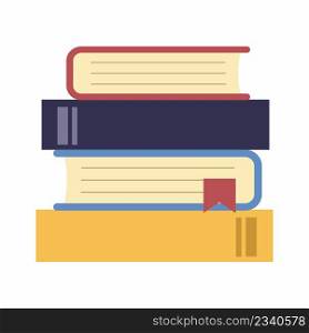 Stack of books on white background. Vector illustration. Textbook with bookmark.