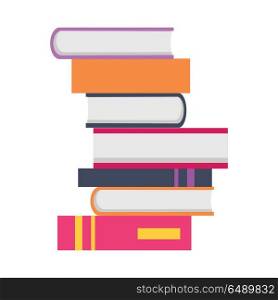 Stack of Books. Stack of seven books in flat. Book pile icon. Book concept. Business education concept. Set of multicolored books. Isolated vector illustration on white background.