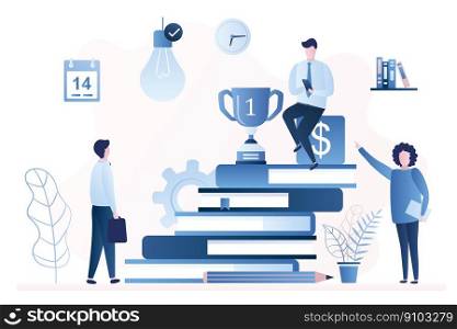 Stack of books with businessman and victory cup on top. New male business student and female mentor, improve new skills and education concept. Idea bulb and clock, trendy style vector illustration