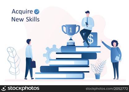 Stack of books with businessman and victory cup on top, new male business student and female mentor, acquire new skills and education concept,trendy style vector illustration