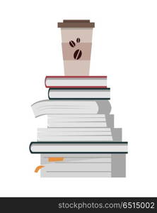 Stack of Books with Cup of Coffee. Stack of books with paper cup of coffee in flat. Book pile icon. Coffee hot drinking cup. Business education concept. Set of multicolored books. Isolated vector illustration on white background.