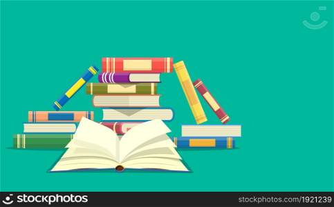 Stack of books with open book icon. Web site page and mobile app design. Vector illustration in flat design. Stack of books