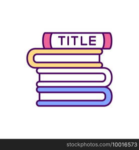 Stack of books with title RGB color icon. Free access to knowledge. Information availability. Preservation and conservation of books. Archive of different types of books. Isolated vector illustration. Stack of books with title RGB color icon.