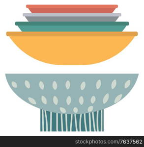 Stack of clay pots isolated flat style kitchen utensils. Vector household crockery, terracotta pottery. Several ceramic earthenware flowerpots, food bowls. Stack of Clay Pots Isolated Flat Kitchen Utensils