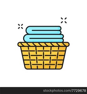 Stack of clean towels in laundry basket isolated color line icon. Vector wicker basket with clean cotton towels. Spa and bathroom objects, toiletries. Folded and rolled cloth for washing and cleaning. Laundry basket with towels isolate color line icon
