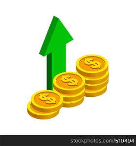 Stack of coin with green arrow icon in isometric 3d style on a white background. Stack of coin with green arrow icon