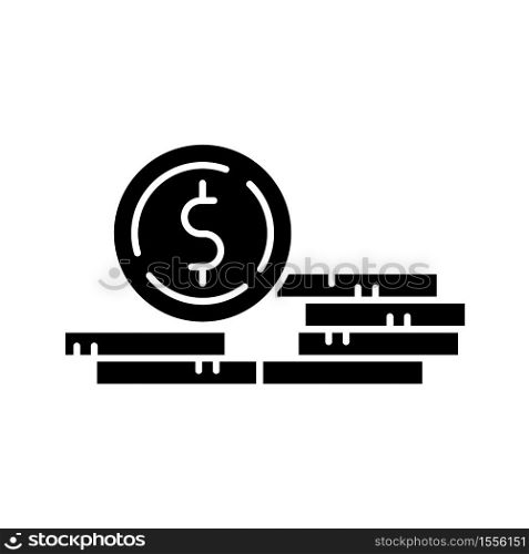 Stack of coins black glyph icon. Fortune and wealth. Growth in wage. Financial success. Pile of gold. Pennies and cents. Monetary gain. Silhouette symbol on white space. Vector isolated illustration. Stack of coins black glyph icon