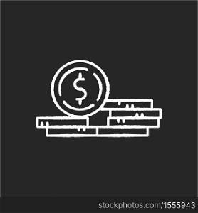 Stack of coins chalk white icon on black background. Fortune and wealth. Growth in wage. Revenue from business. Financial success. Pile of gold. Monetary gain. Isolated vector chalkboard illustration. Stack of coins chalk white icon on black background