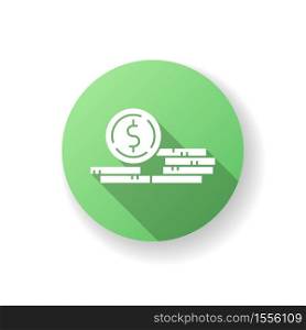 Stack of coins green flat design long shadow glyph icon. Fortune and wealth. Growth in wage. Financial success. Pile of gold. Pennies and cents. Monetary gain. Silhouette RGB color illustration. Stack of coins green flat design long shadow glyph icon