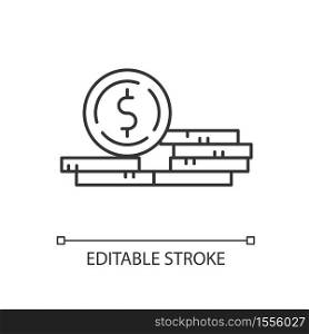 Stack of coins linear icon. Growth in wage. Revenue from business. Financial success. Thin line customizable illustration. Contour symbol. Vector isolated outline drawing. Editable stroke. Stack of coins linear icon