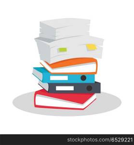 Stack of Documents Vector Flat Design on White.. Stack of papers. Large number of business documents with bookmarks. Colorful binders.Paper work, office routine, bureaucracy concept. Flat design. Illustration for data, e-mail, management, services.
