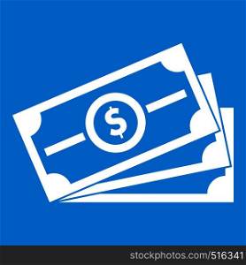 Stack of dollar bills icon white isolated on blue background vector illustration. Stack of dollar bills icon white