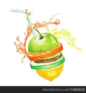 Stack of fruit slices wath juice splash on the background and drinking straw, hand drawn vector watercolor illustration