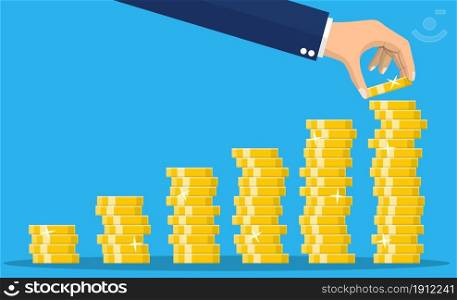 Stack of gold coins and hand. Golden coin with dollar sign. Growth, income, savings, investment. Symbol of wealth. Business success. vector illustration in flat style. Stack of gold coins and hand.