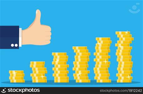 Stack of gold coins and hand with thumb up gesture. Golden coin with dollar sign. Growth, income, savings, investment. Symbol of wealth. Business success. vector illustration in flat style. Stack of gold coins and hand with thumb up gesture