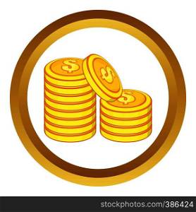 Stack of gold coins vector icon in golden circle, cartoon style isolated on white background. Stack of gold coins vector icon
