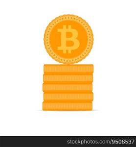 Stack of golden bitcoin coins. Golden finance cryptography currency, money and bit coin. Vector illustration. Stack of golden bitcoin coins