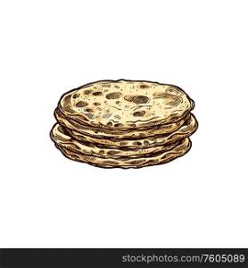 Stack of mexican tortillas isolated flatbread food. Vector flat corn bread, pastry snack. Mexican tortilla isolated flat bread in stack