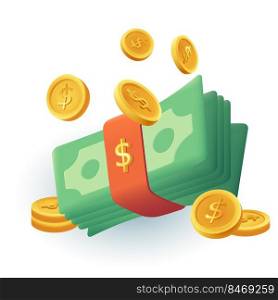 Stack of money and gold coins 3d cartoon style icon. Coins with dollar sign, wad of cash, currency flat vector illustration. Wealth, investment, success, savings, economy, profit concept