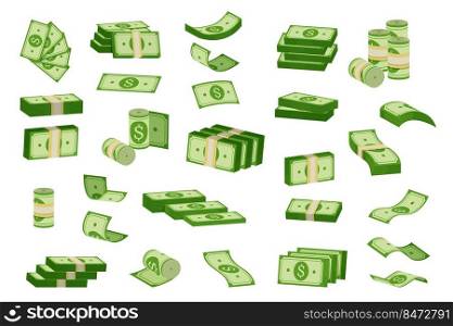 Stack of money. Cartoon piles of green banknotes, bundles of green cash. Vector money set illustration financial banknotes dollars various images. Stack of money. Cartoon piles of green banknotes, bundles of green cash. Vector money set