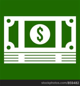 Stack of money icon white isolated on green background. Vector illustration. Stack of money icon green