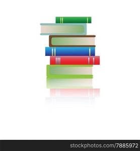 Stack of multi colored books on white background