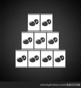 Stack of olive cans icon. Black background with white. Vector illustration.
