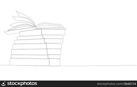 Stack of opened books in style of one line. Black contour.. Stack of opened books in style of one line. Black contour. Graphic.