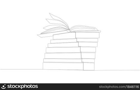 Stack of opened books in style of one line. Black contour.. Stack of opened books in style of one line. Black contour. Graphic.