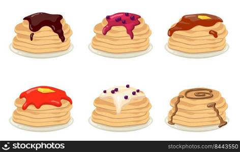 Stack of pancakes set. American breakfast dish with various toppings, blueberry jam, chocolate syrup. Vector illustrations for cafe menu, bakery, baking concepts