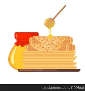Stack of pancakes with honey icon in flat style isolated on white background. Wooden honey dipper and jar. Traditional russian meal for Maslenitsa holiday. Vector illustration.. Stack of pancakes with honey vector icon in flat style isolated on white background.