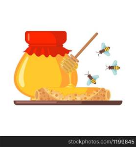 Stack of pancakes with honey icon in flat style isolated on white background. Wooden honey dipper, jar and bee. Vector illustration.. Stack of pancakes with honey vector icon in flat style isolated on white background.