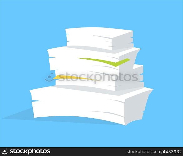 Stack of papers on blue background, flat and drop shadow theme. Vector illustration