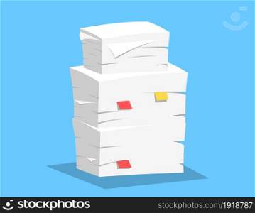 Stack of papers on blue background. Vector illustration in flat style. Stack of papers