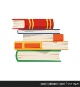 Stack of textbooks in color hardcovers isolated cartoon reading books. Vector school and college educational materials, paper source of information. Encyclopedia library textbooks, bestsellers stack
